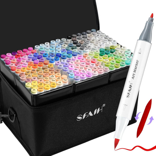 SFAIH Alcohol Markers Brush & Fine - 217 Colors Double Tipped Art Markers for Adult Coloring Illustration, Gifts for Artist Adult - Adjustable Shoulder Strap & Faux Leather Lining & Outer Zip Pocket