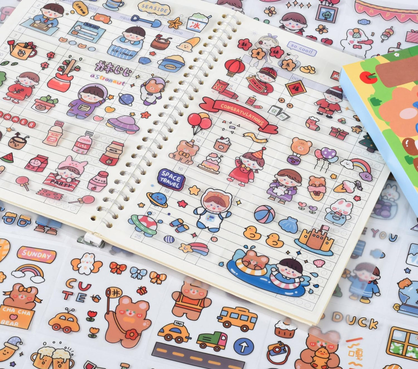 Cute Cartoon Kawaii Scrapbook Stickers - 100 Sheets Transparent Sticker for Junk Journal Planner Album Calendars Notebook DIY Craft Decor