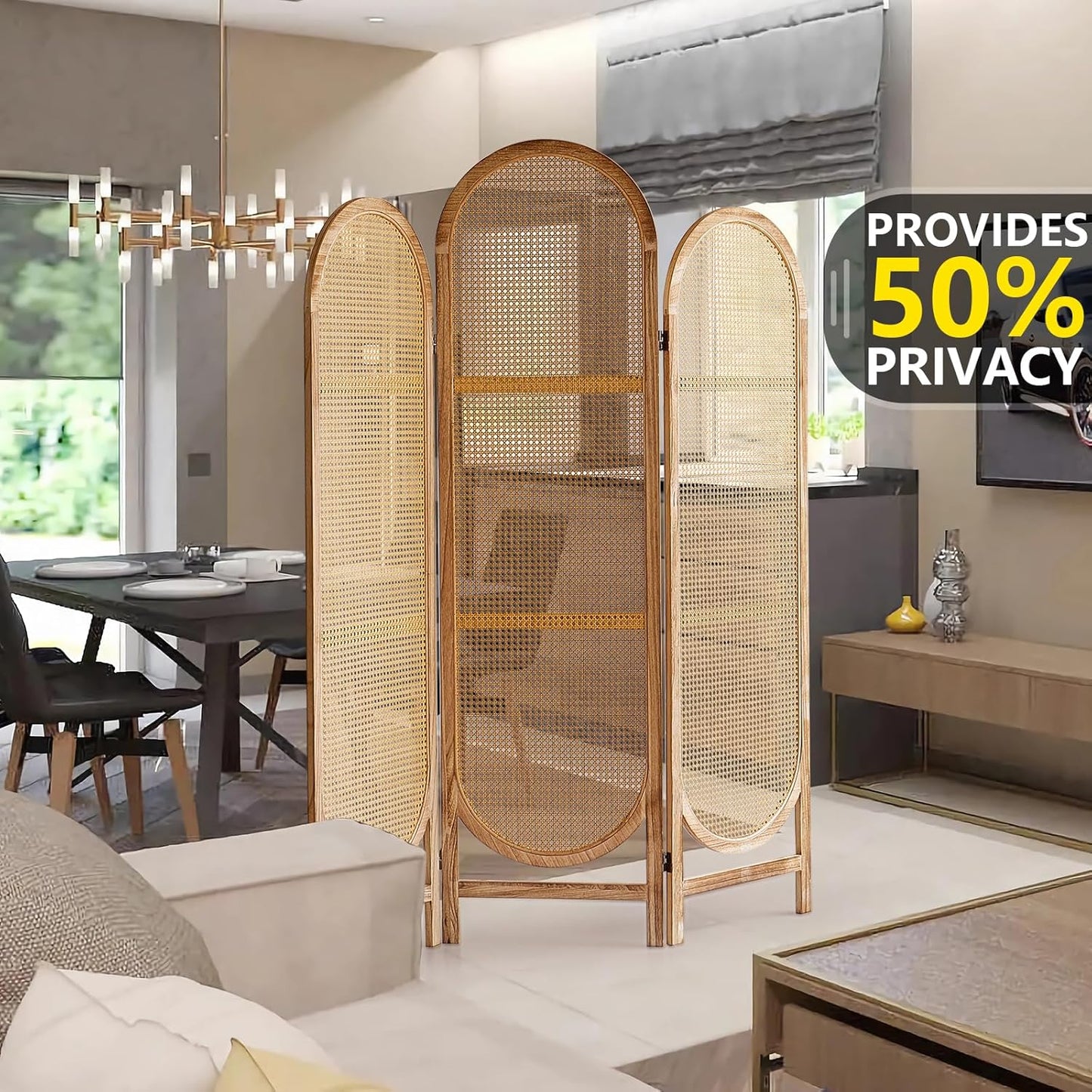 5.9 Ft Tall 3 Panel Room Divider Screen, Foldable Wooden Room Divider Panel, Folding Privacy Screen Made of Hand-Woven Rattan, Portable Wall Divider for Room Separation HomeOffice - Natural