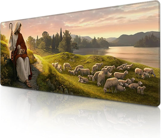 Mouse Pad with Jesus Christ Shepherd – Religious God Desk Pad – Portable Computer Mousepad – Gaming, Office, Waterproof, Non-Slip, Stitched Edges 31.5 x 11.8inches x 3mm