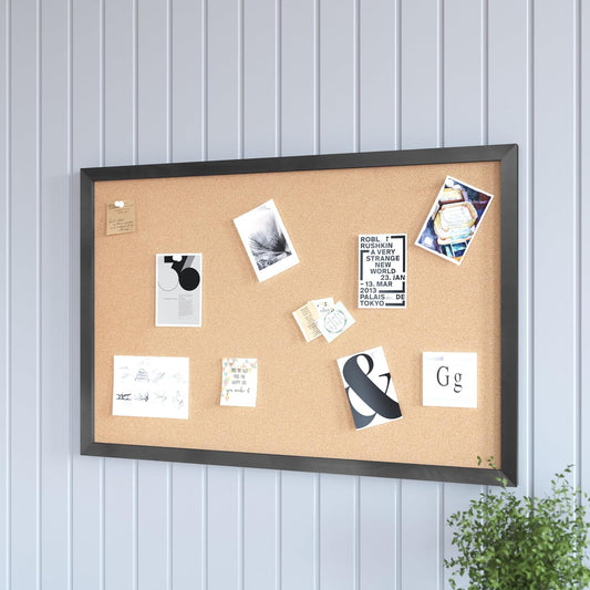 HBCY Creations Wall Mount Black Cork Board - 24" W x 36" H - 6 Wooden Push Pins - Solid Pine Wood Frame - for Kitchen, Classrooms, Restaurant Menus and More!