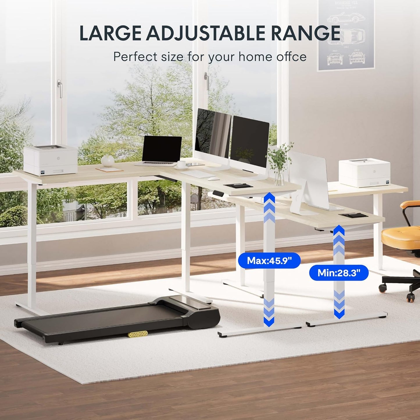 FLEXISPOT L Shaped Standing Desk, 63 x 47 Inch Electric Height Adjustable Corner Desk, Sit Stand Computer Workstation, Preset Controller, Home Office, White Frame with Maple Top