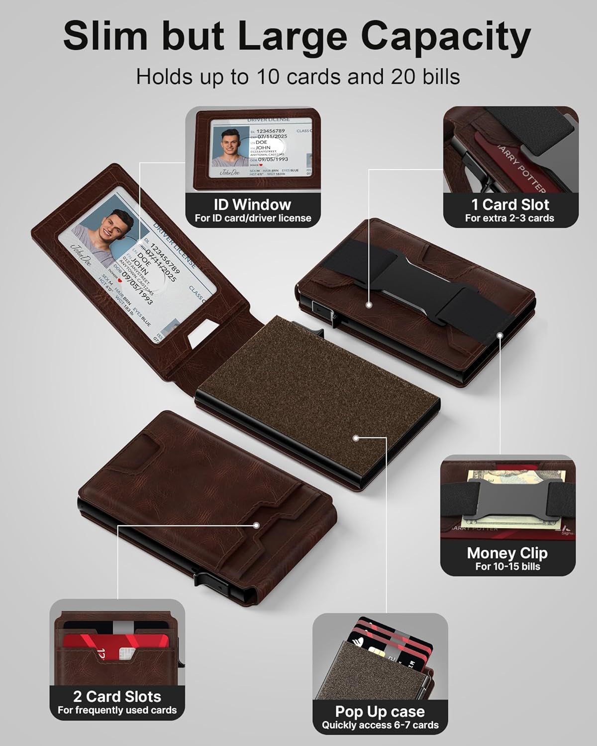 typecase Smart Wallet Card Holder for Men: Pop Up Card Case, Premium Genuine Leather, RFID Blocking, Slim, Minimalist, Thin, Front Pocket - 13 Card Capacitiy, ID Window, Cash Strap (Brown)