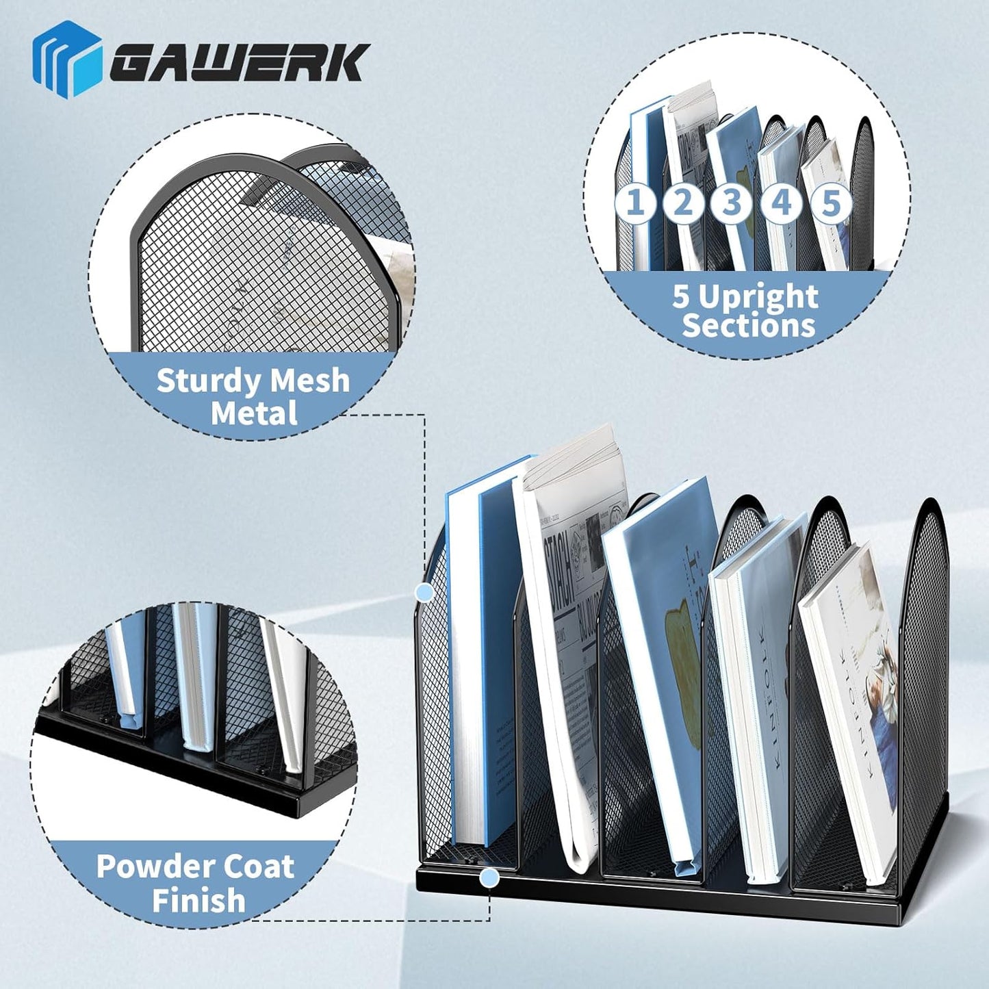 5-Section Vertical Desktop Organizer, 5-Section Mesh File Folder Stand Sorter for Office Home Classroom Organization (1, Black)