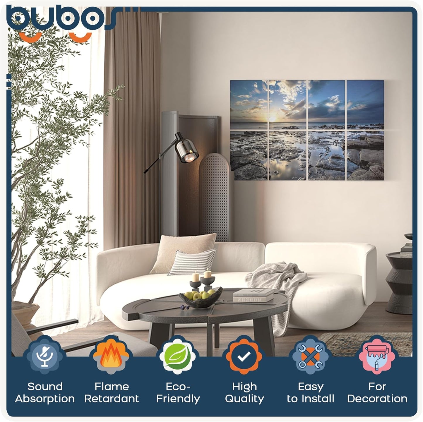 BUBOS 8 Pack Art Acoustic Panels Soundproof Wall Panel,47.2X31.4 Inches Sound Absorbing Panel,Self-adhesive Decorative Acoustical Wall Panels, Acoustic Treatment for Ceiling Home Office (Coastal rock)