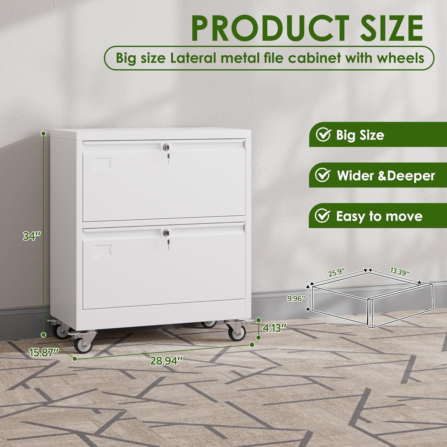 Aobabo 2 Drawer Wide File Cabinet with Wheels, Lockable Metal Filing Cabinet for Home Office, Legal/Letter Size,White,Required Assembled,15.87" D x 28.94" W x 34" H