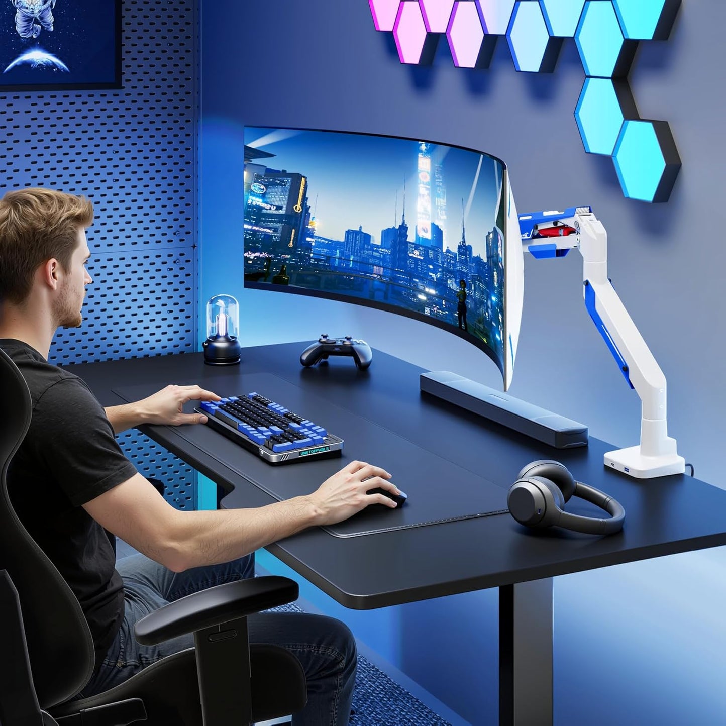 ARES WING Heavy Duty Ultrawide Monitor Arm - Gas Spring Aluminum Monitor Mount with USB for 24"-57" Curved Screens up to 66 lbs with Clamp/Grommet Desk Mount, 75/100/200 Vesa Mount, White