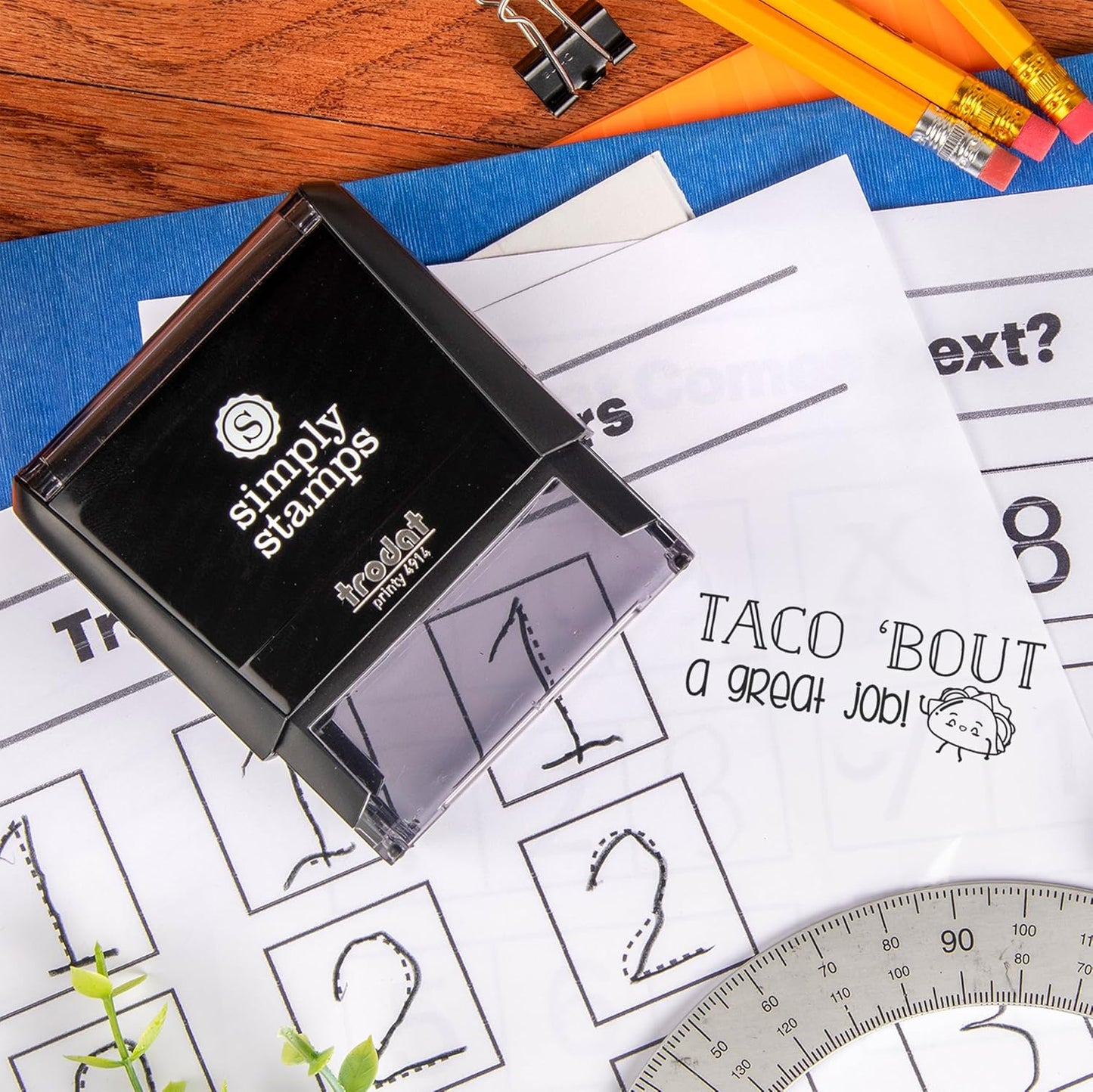 Custom Self-Inking 'Teacher' Stamps | 49 Fun Phrases | Book Stamps (Taco 'Bout a Great Job!, Xtra Large)