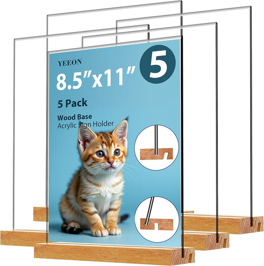 Acrylic Sign Holder with Wooden Base, Desktop Display Stand (8.5x11 5Pack)