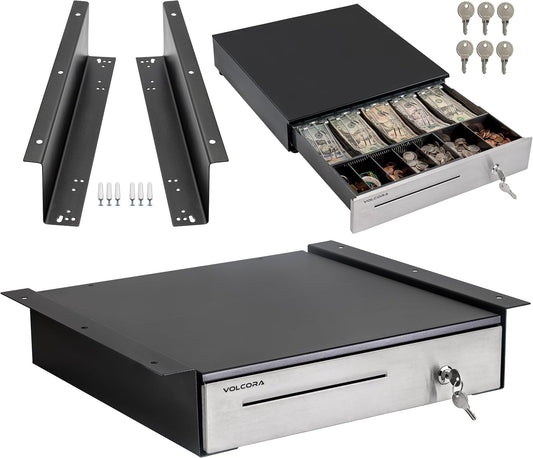 Volcora Cash Register Drawer with Under Counter Mounting Metal Bracket - 16 Black - Stainless Steel Front for POS, 5 Bill 6 Coin Removable Compartment, 24V RJ11/RJ12 Key-Lock, Media Slot