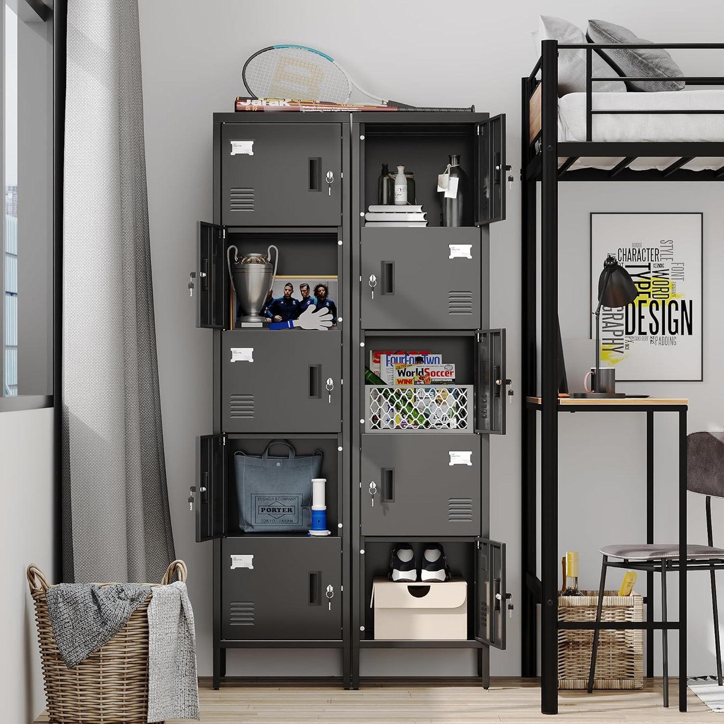 Aobabo 16" W 5 Door Metal Storage Locker with Lock, 66" H Steel Locker with Name Card Holder and Metal Leg for School, Home, Office, Playroom, Assembly Required, Black