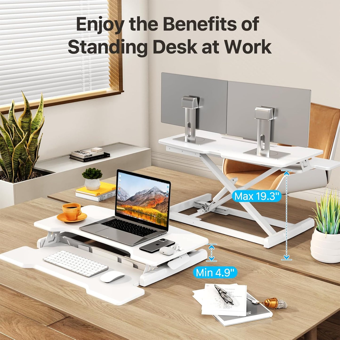 Standing Desk Converter 32 inch, Height Adjustable Sit Stand Desk Riser, Quick Sit to Stand Tabletop Dual Monitor Riser Workstation for Home Office with Keyboard Tray, White
