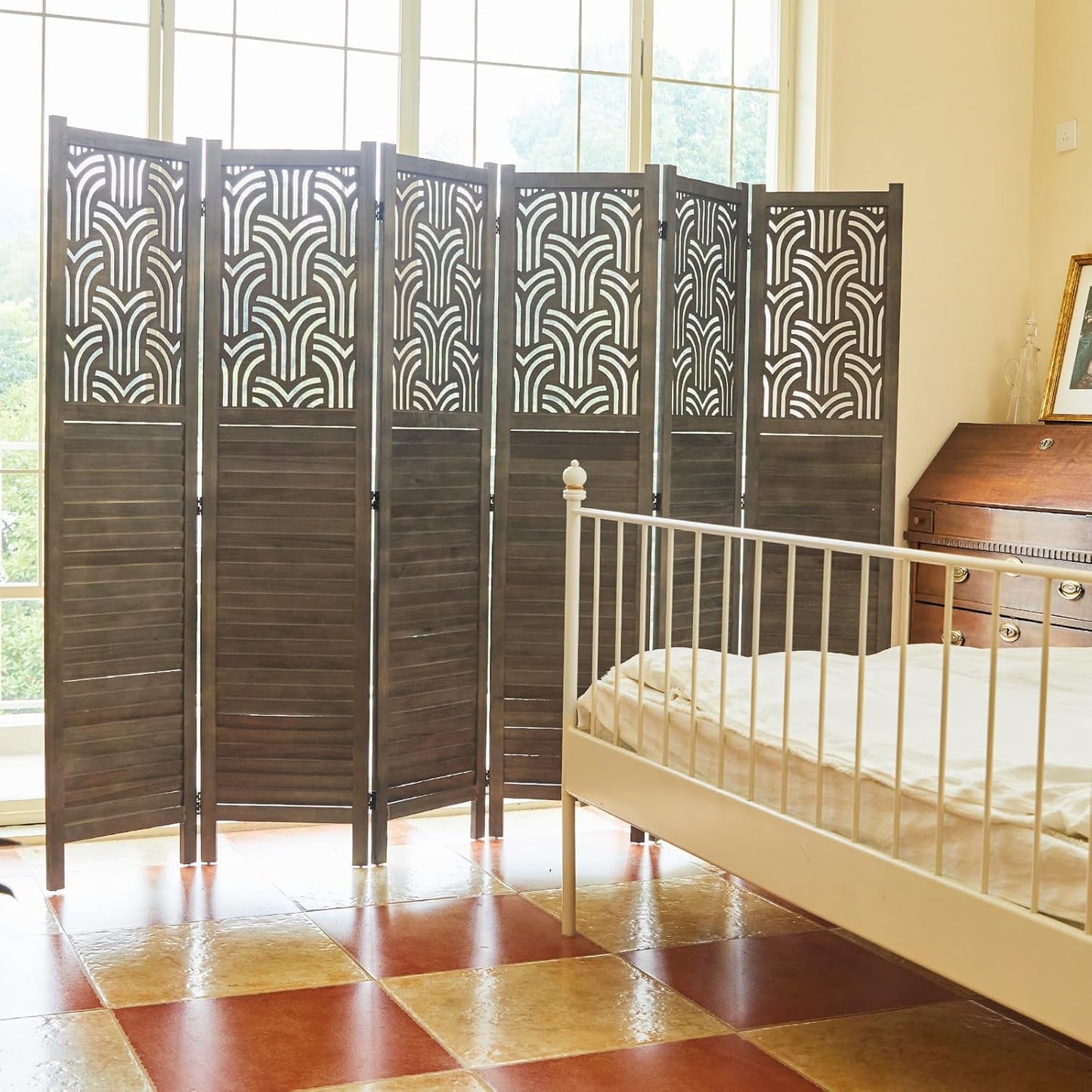 Folding Room Divider, 66.9 Inch 6 Panels Wood Carved Privacy Screens, Free Assembled Freestanding Portable Separation Wall for Home Office Restaurant Bedroom (Gray)