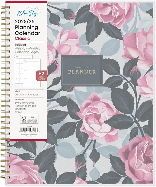 Blue Sky 2025-2026 Weekly and Monthly Academic Year Planner Calendar, July 2025 - June 2026, 8.5" x 11", Flexible Cover, Wirebound, Storage Pocket, Laminated Tabs, Roosevelt Pink