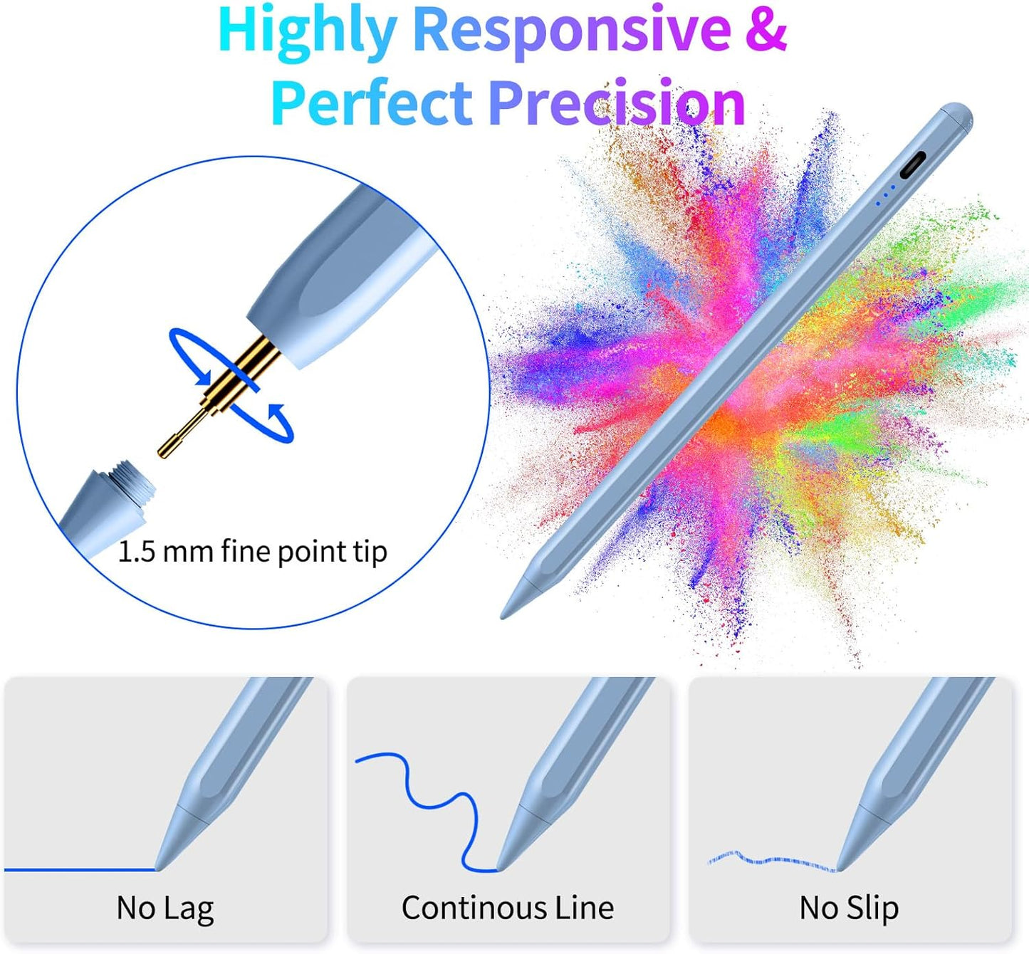 Stylus Pen for iPad, Fast Charging Pencil for Tablet with Palm Rejection, Tilt Sensitivity for iPad 6-10, Pro 11"/12.9"/M4, Air 3/4/5/M2, Mini 5/6, Blue