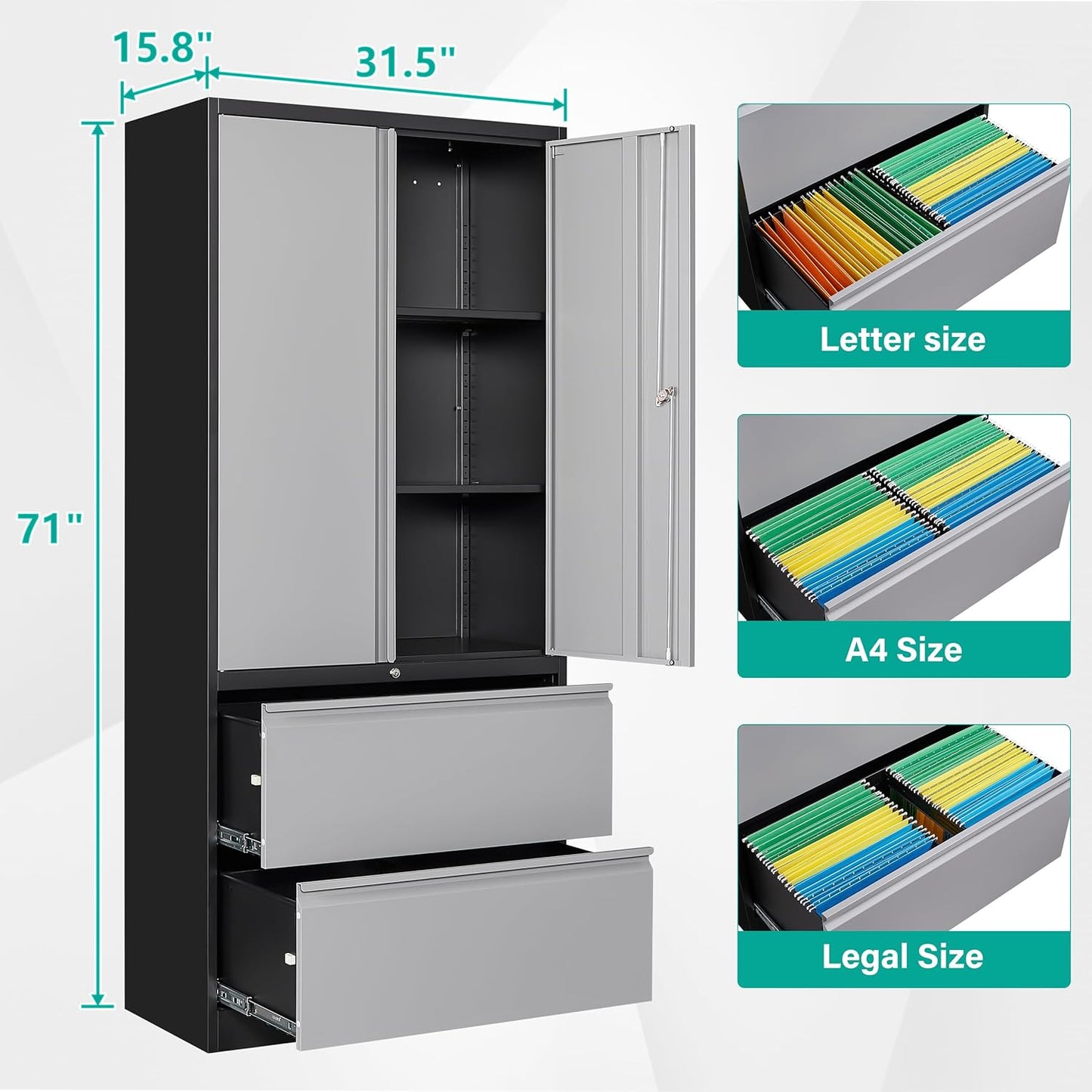 SISESOL Metal Storage Cabinet with Drawers, 71" File Cabinets for Home Office, Locking Steel Storage Cabinet with Doors and Shelves for Home, Office, Warehouse, Garage, School (Gray, 2 Drawers)