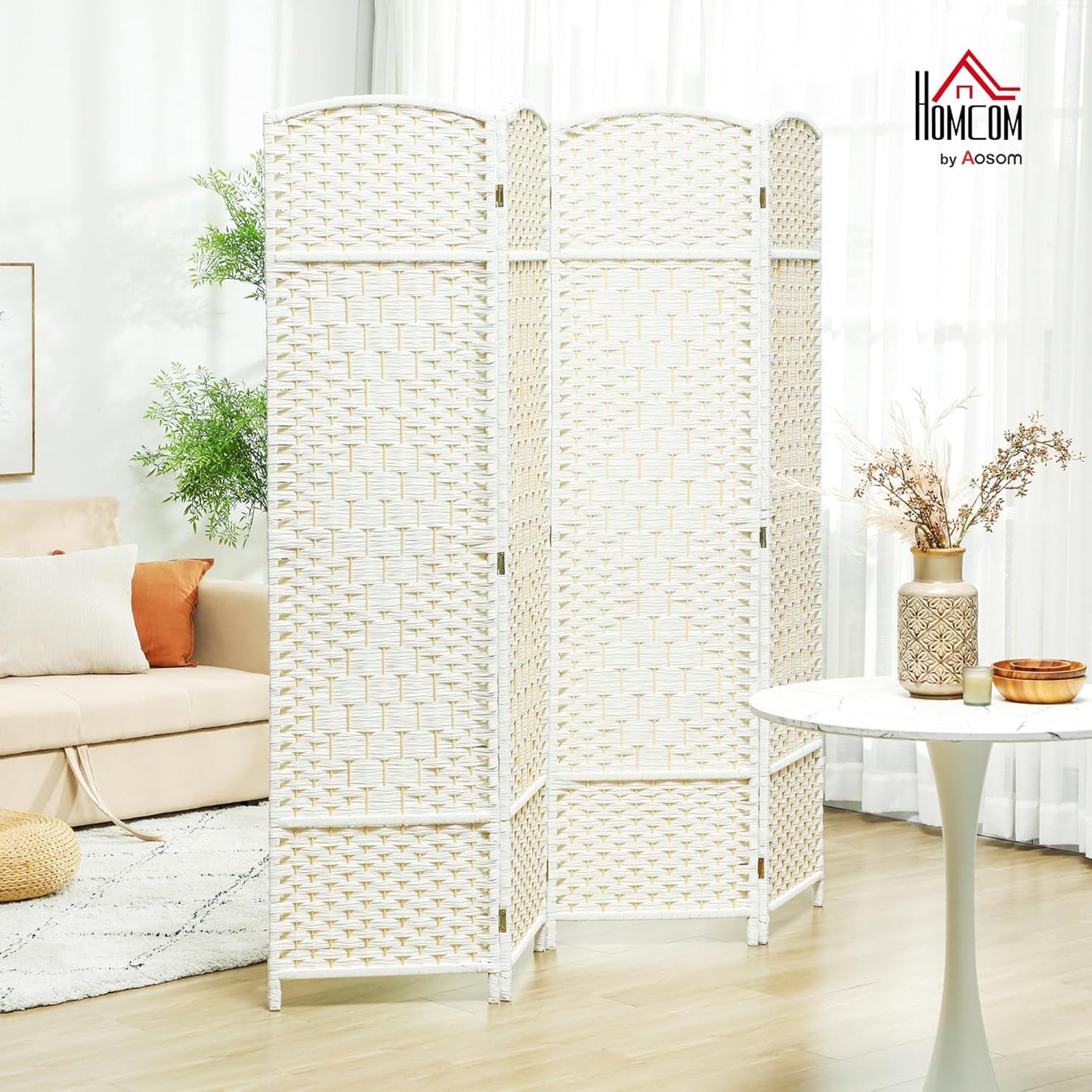 HOMCOM 4 Panel Room Divider, 6' Tall Folding Privacy Screen, Hand-Woven Freestanding Wall Partition for Home Office, Bedroom, White