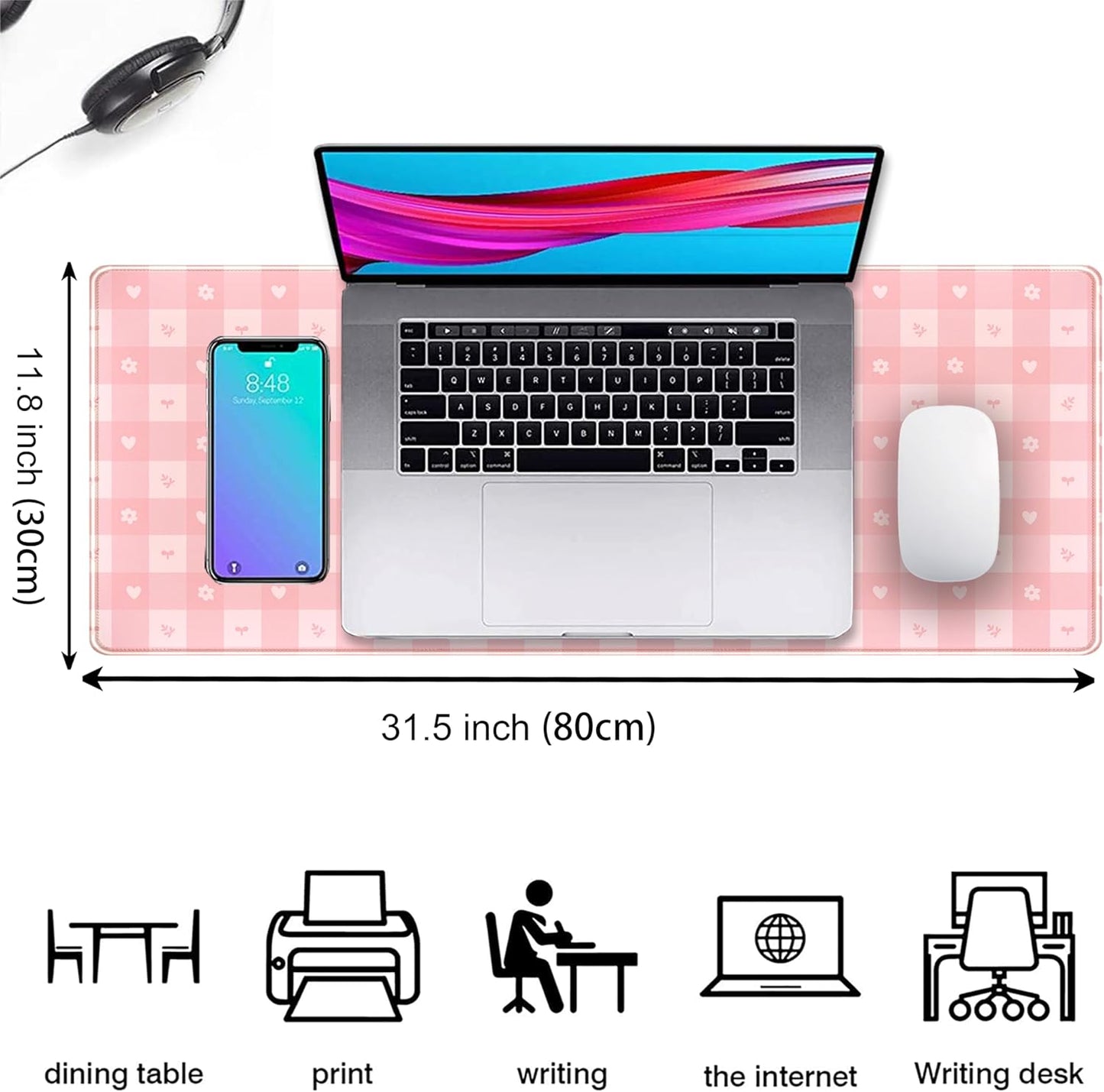 Pink Minimalist Gingham Floral Desk Mat Gaming Mouse Pad Large Cute Pastel Desk Pad Deskmat Kawaii, Women Office Desk Cover Mat, Laptop Computer Keyboard Mat Mousepad Desk Accessories 31.5"x11.8"