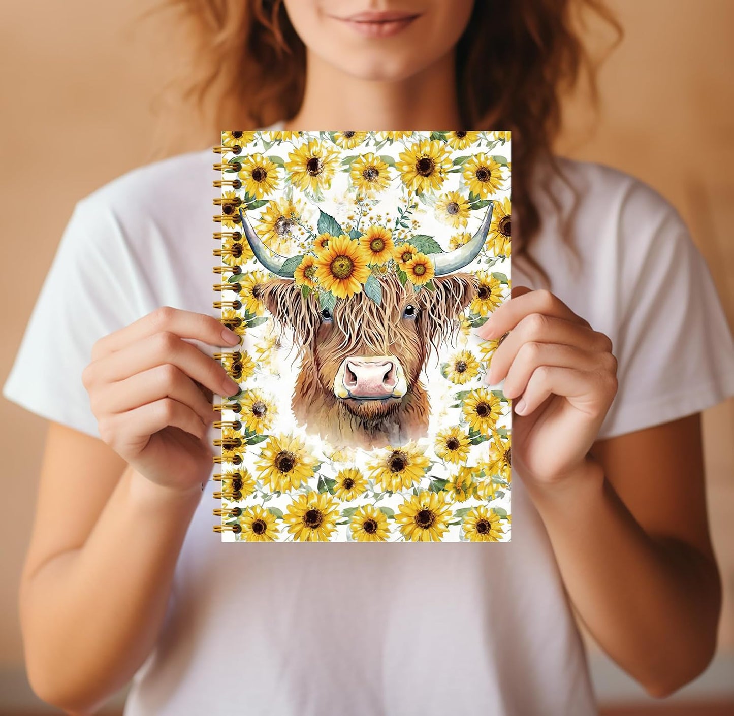 Highland Cow Notebook Journal - Sunflower Notebook, 5.5×8.3 Summer Sunflower Spiral Journal Notebook, Highland Cow Gifts, Cow Gifts for Women, 164 Pages