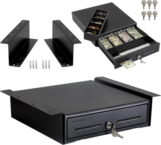 Volcora 13" Electronic Cash Register Drawer with Under Counter Mounting Metal Bracket - POS, 4 Bill 5 Coin Cash Tray, Removable Coin Compartment, 24V RJ11/RJ12 Key-Lock, Media Slot, Black