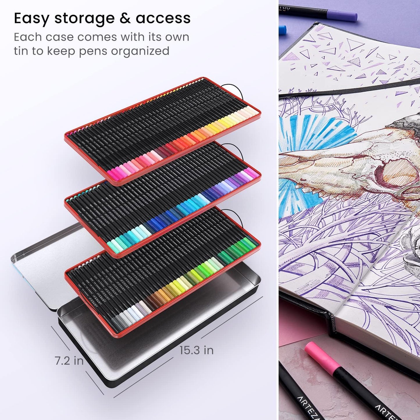 ARTEZA Inkonic Fineliners Pens, Set of 120, 0.4 mm Fine Tip Markers, Water-Based Art Pens for Drawing, Sketching, Journaling, Calligraphy