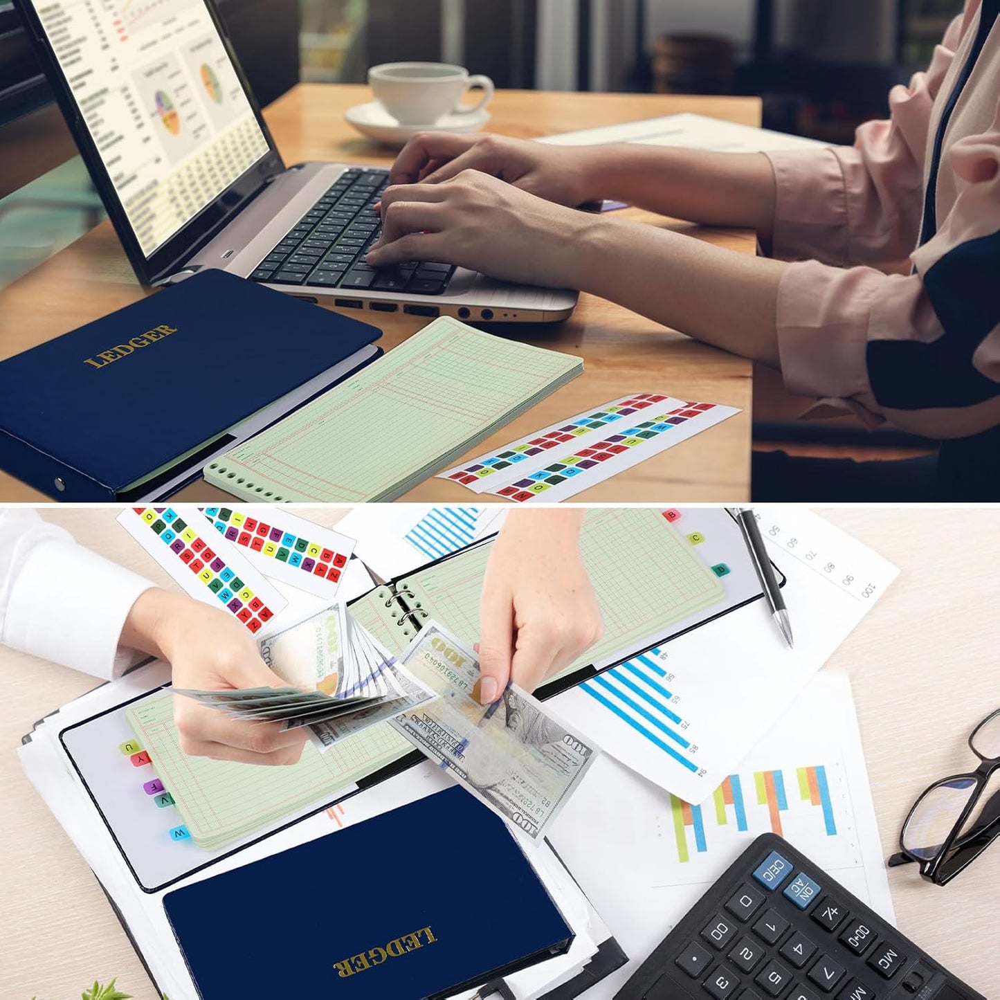 Ring Ledger Binder with 200 Pcs 5"x8.5" Ledger Sheets Small Index Tabs for Bookkeeping Accounting Business with Debit Credit Balance Columns(Blue Cover, Yellow Sheets)