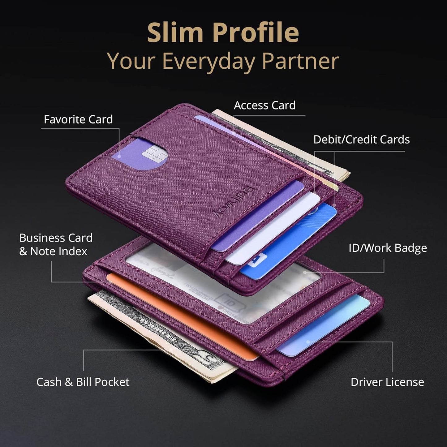 Buffway Slim Minimalist Front Pocket RFID Blocking Leather Wallets for Men and Women - Cross Purple