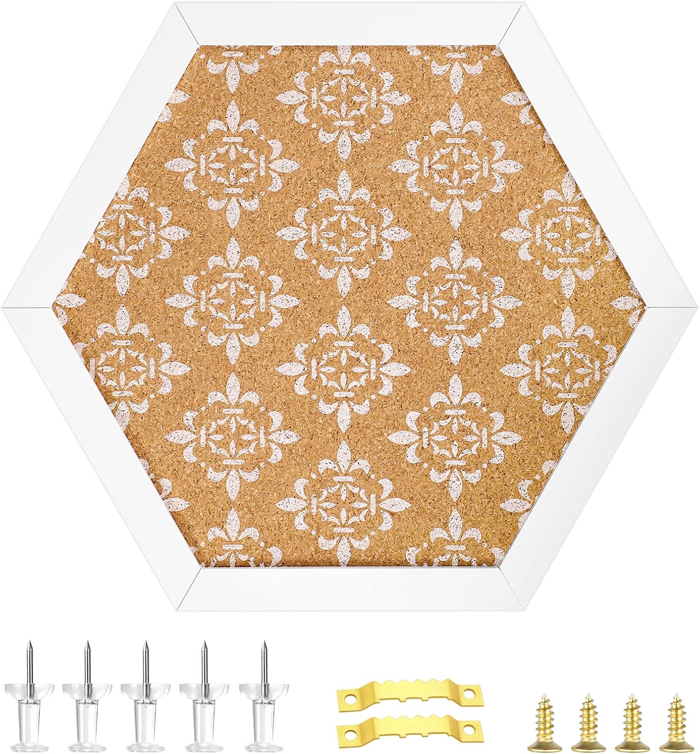 Decorative Cork Board for Walls, Hexagon Bulletin Board with Floral Print, White Framed Pin Board Vision Board for Office School Bedroom and Dorm Room with Pins, Screws(L2529,1pc)