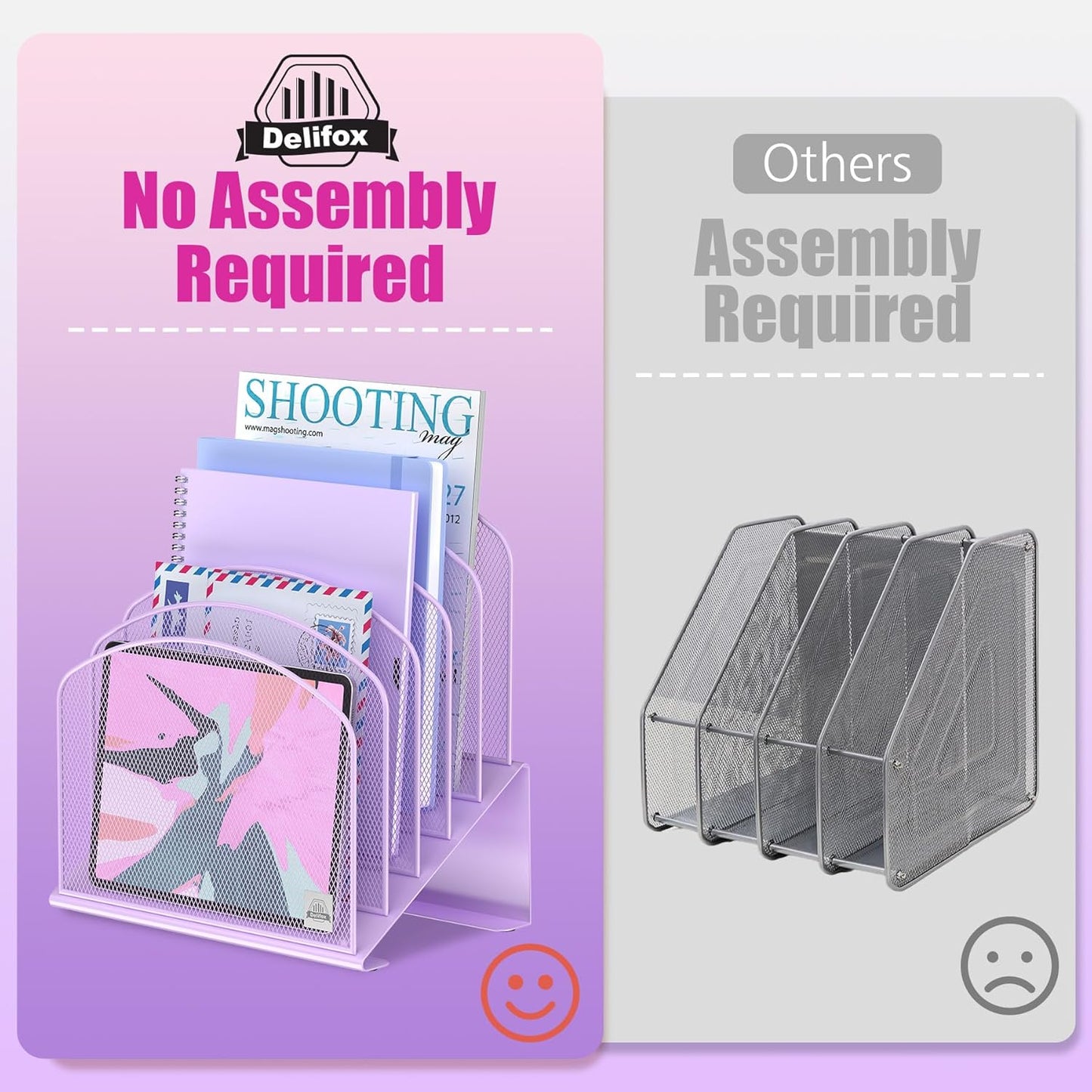 Inclined Desk File Organizer, 5-Section Vertical File Folder Holder Stand Metal Rack File Sorter for Office Classroom Desktop Organization (Purple, 1Pack)