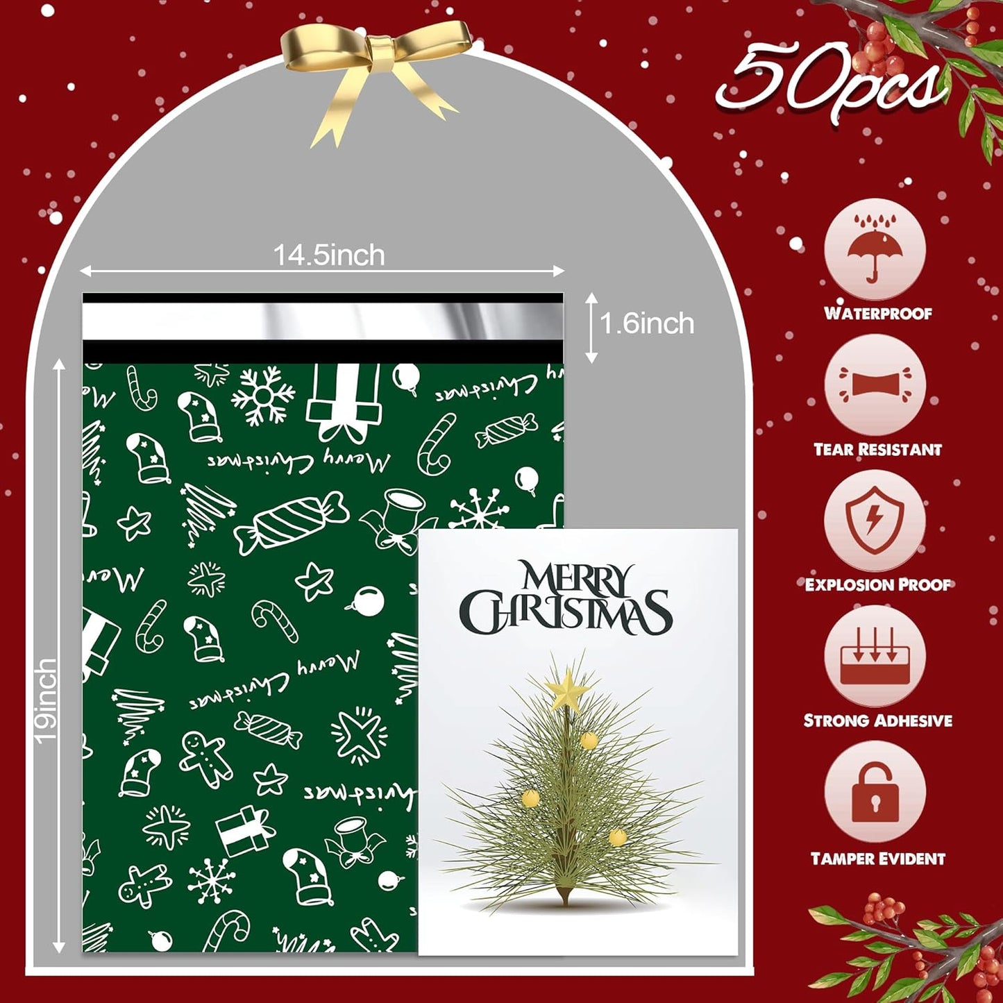 Christmas Poly Mailer - 14.5x19 Inch, 50 Waterproof Tear-Resistant Self-Seal Bags - Green Merry Christmas