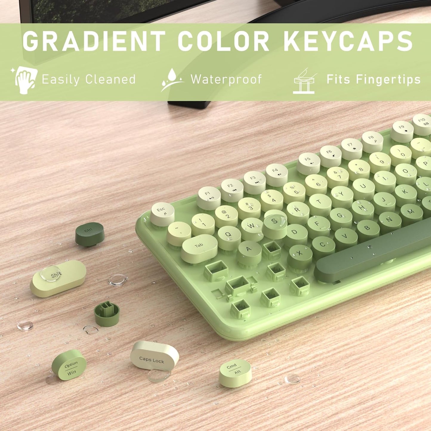Wireless Keyboard and Mouse, Full-Size Retro Typewriter Keyboard with Round Keycaps, 2.4GHz for Windows, Mac, Laptop, PC, Desktop (Green Gradient)