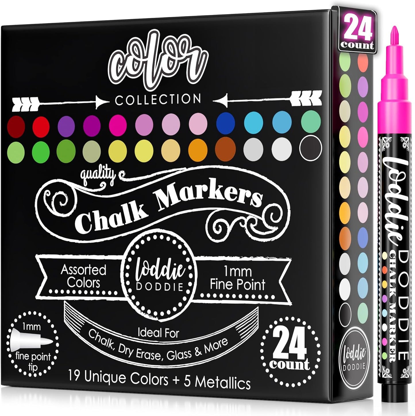 Loddie Doddie Liquid Chalk Markers - Pack of 24 Dust Free, 1mm Fine Tip, Erasable Ink for Blackboard, Windows and Glass - Chalkboard Markers