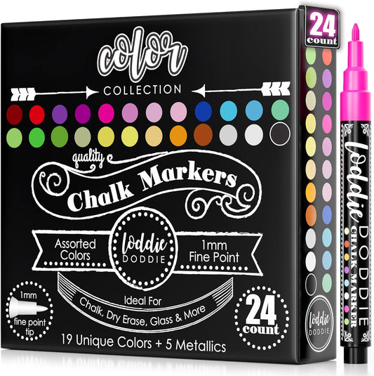 Loddie Doddie Liquid Chalk Markers - Pack of 24 Dust Free, 1mm Fine Tip, Erasable Ink for Blackboard, Windows and Glass - Chalkboard Markers
