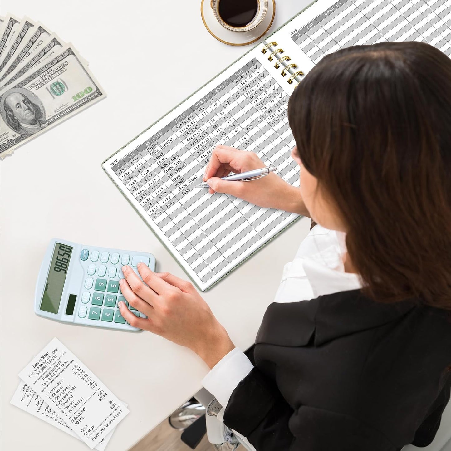 HAUTOCO Hardcover Accounting Ledger Book for Small Business Bookkeeping Horizontal Money Expense Tracker Notebook with 2 Storage Pouch, Personal Columnar Log Journal 10.78 x 8'', Olive Green