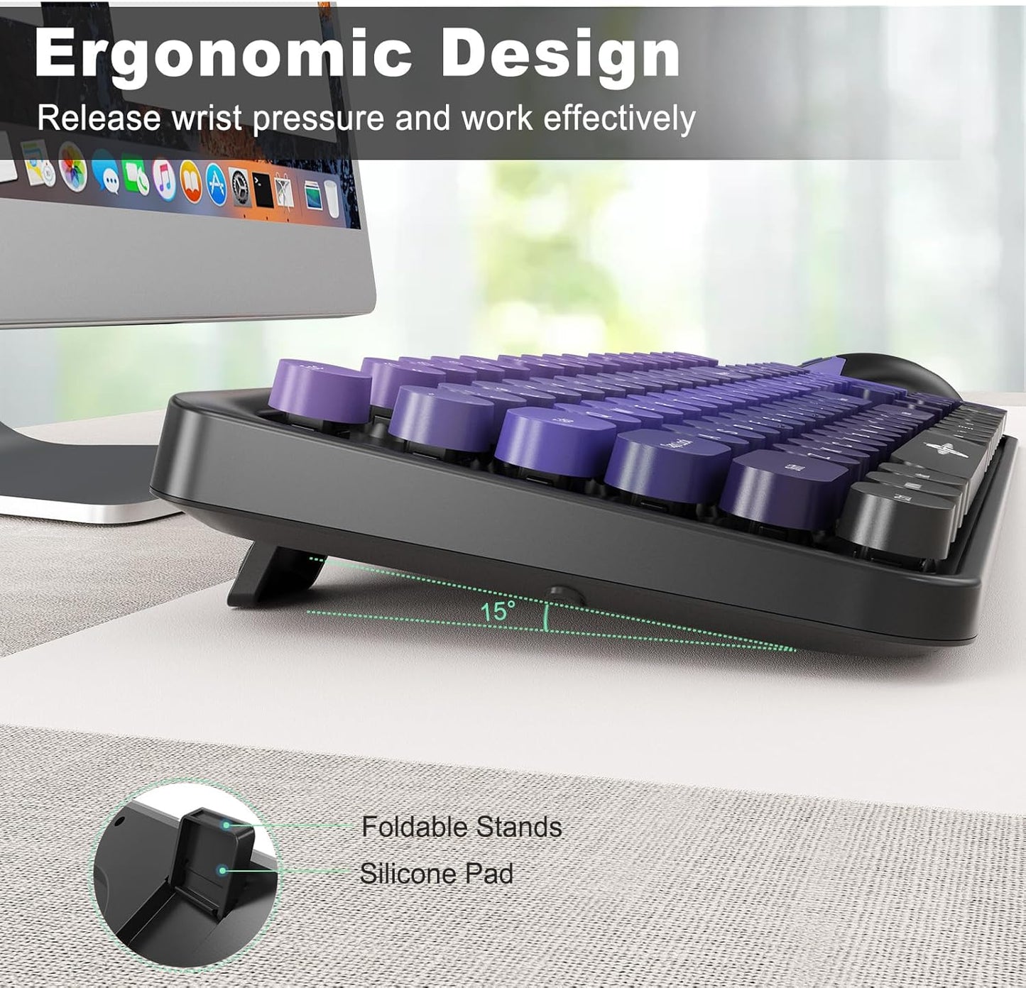 Wireless Keyboard and Mouse Combo, 2.4 GHz Wireless Full-Sized Typewriter Keyboard with Round Keycaps for Windows, Computer, Desktop, PC, Laptop (BlackPurple)