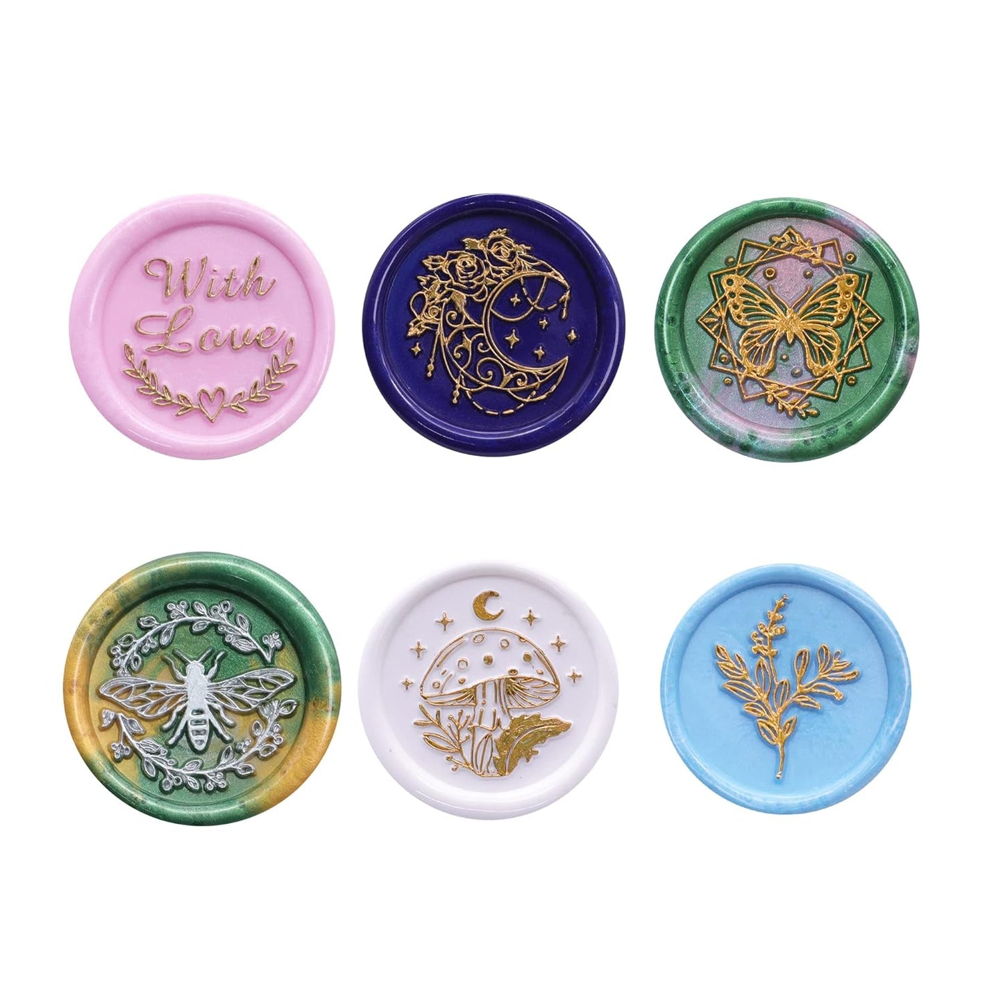 SWANGSA Wax Seal Stamp Set, Vintage 6 Pieces Sealing Wax Stamp Heads and 1 Wooden Handle for Wedding Party Invitations, Letters, Envelopes, Christmas (with Love Bee Monn Eucalyptus Set)