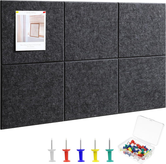 Large Cork Board 36" x 24", 6 Pack Felt Wall Tiles with 30 Pcs Pushpins, Bulletin Board with Removable Self-Adhesive Strips, Pin Boards Cork Boards for Walls Office Home Classroom Decor-Dark Gray