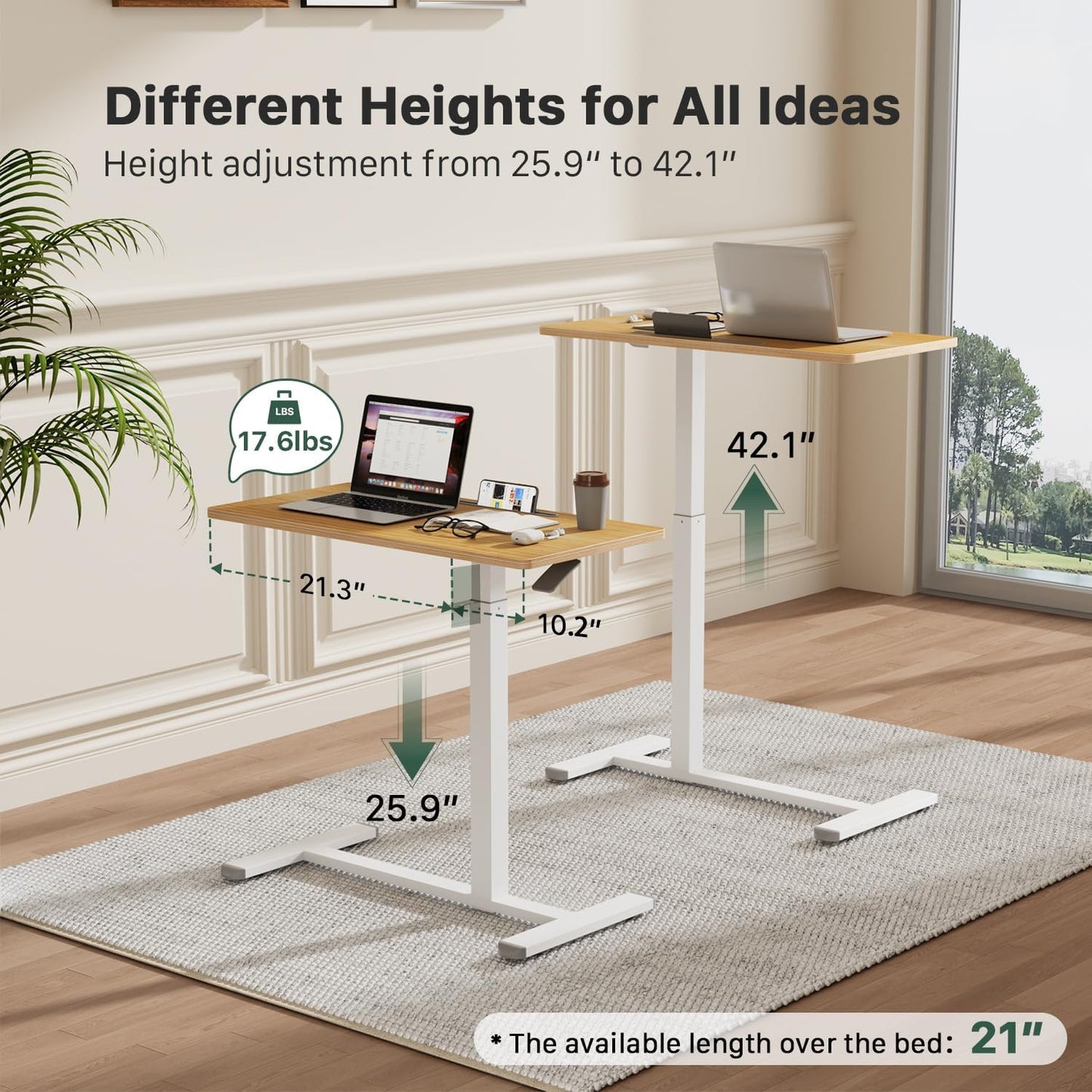 Mobile Standing Desk, Pneumatic Adjustable Rolling Desk(31.5 Inches), Portable Laptop Desk with Wheels, Overbed Bedside Table Laptop Table for Couch, Home, Office, Oak