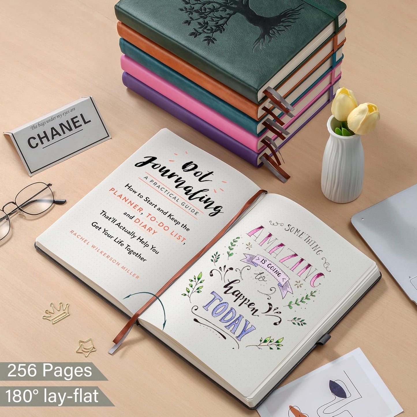 ZXHQ A5 Bullet Dotted Journal Notebook - 150gsm Thick Paper, 256 Pages, Dot Grid Hardcover, Tree of Life Design, Fine Inner Pocket - 5.9" × 8.5" Dark Grey