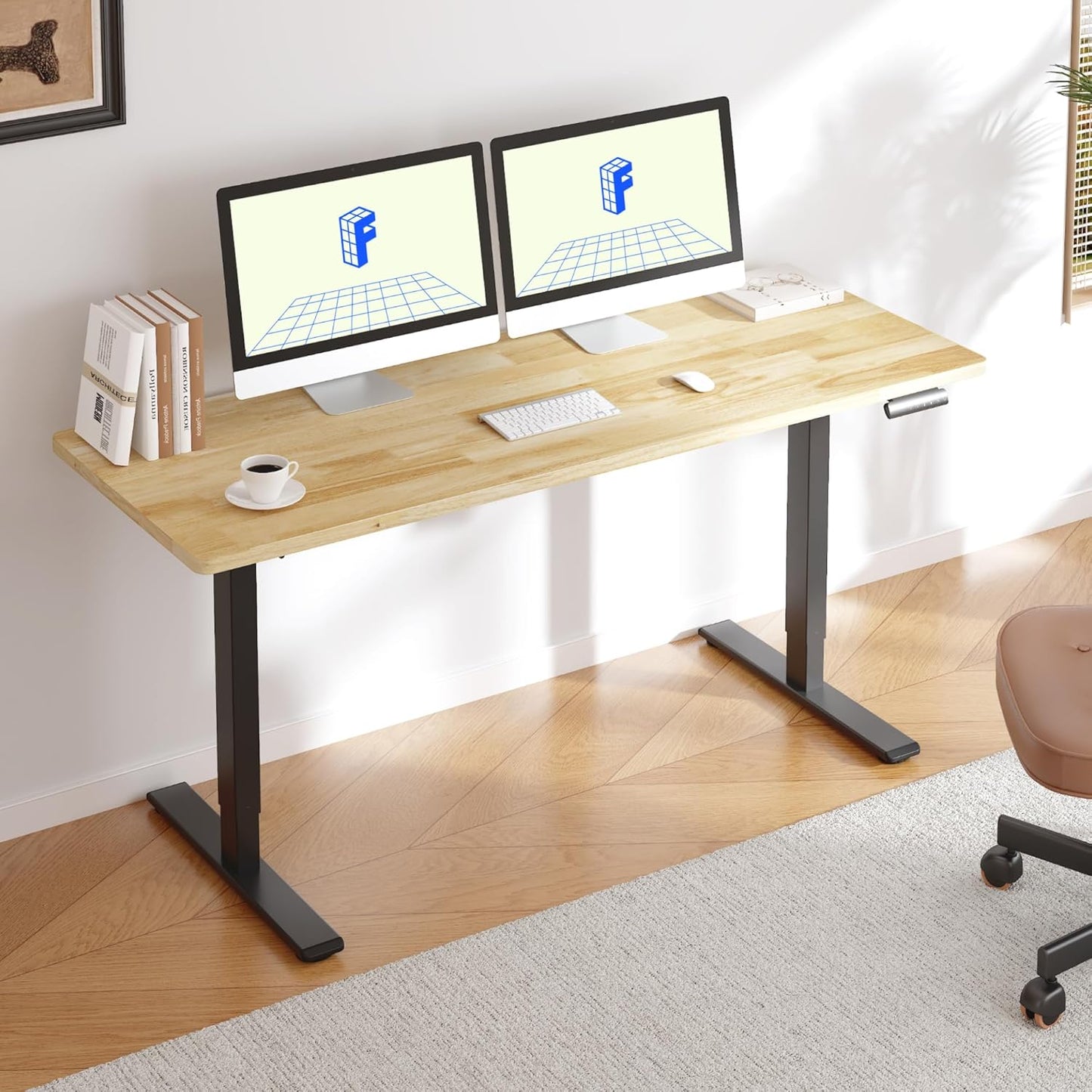FLEXISPOT E3 Solid Wood Dual Motor Standing Desk 63x24 Inch Whole-Piece Board Electric Height Adjustable Stand Up Desk (Black Frame + Rubber Wood Desktop)