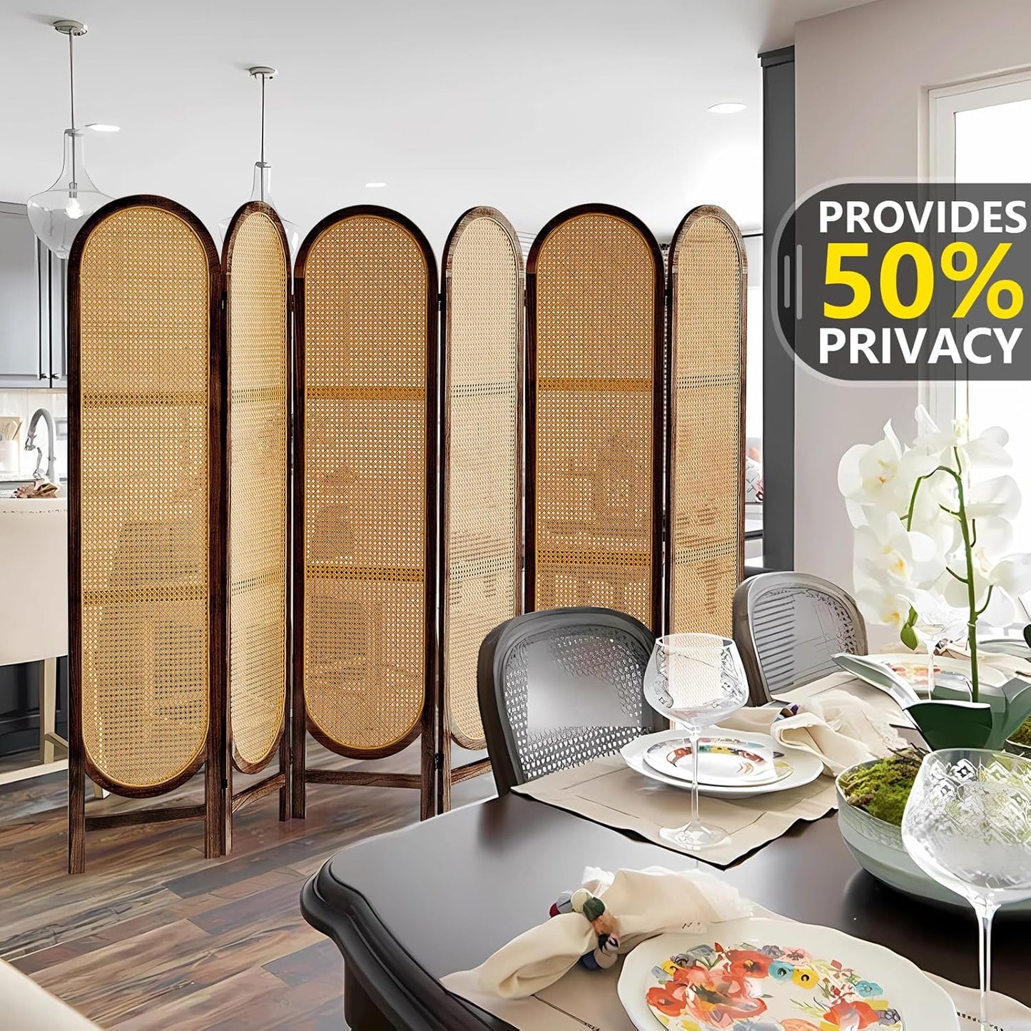 6 Panel Room Divider, Hand-Woven Rattan Room Divider Screen, Folding Privacy Screens with Double Hinges, Wooden Freestanding Wall Divider for Room Separation Bedroom Home Office - Brown