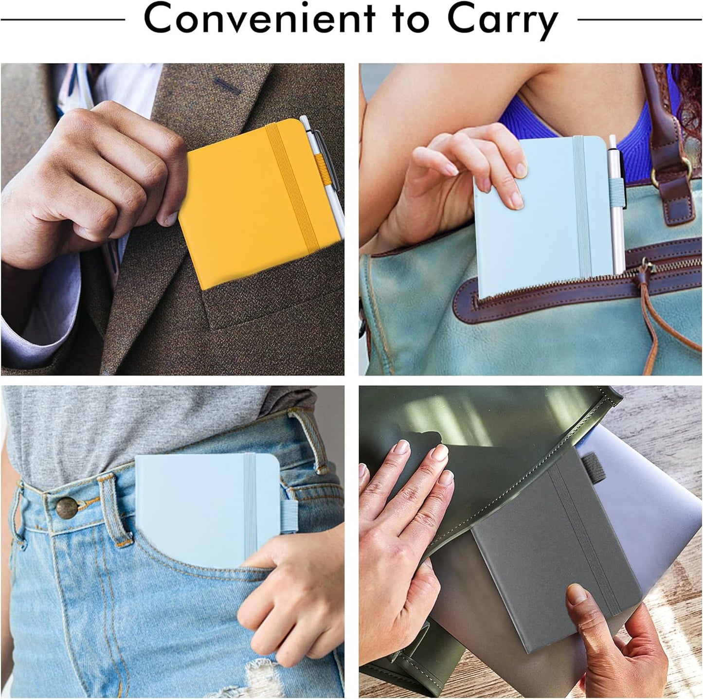 feela Pocket Notebook Journals, Mini Cute Small Hardcover College Ruled Notepad Office School Supplies, with 3 Black Pens, 3.5”x 5.5”, 3 Pack, A6, Solid Colors, Gray, Yellow, Light Blue