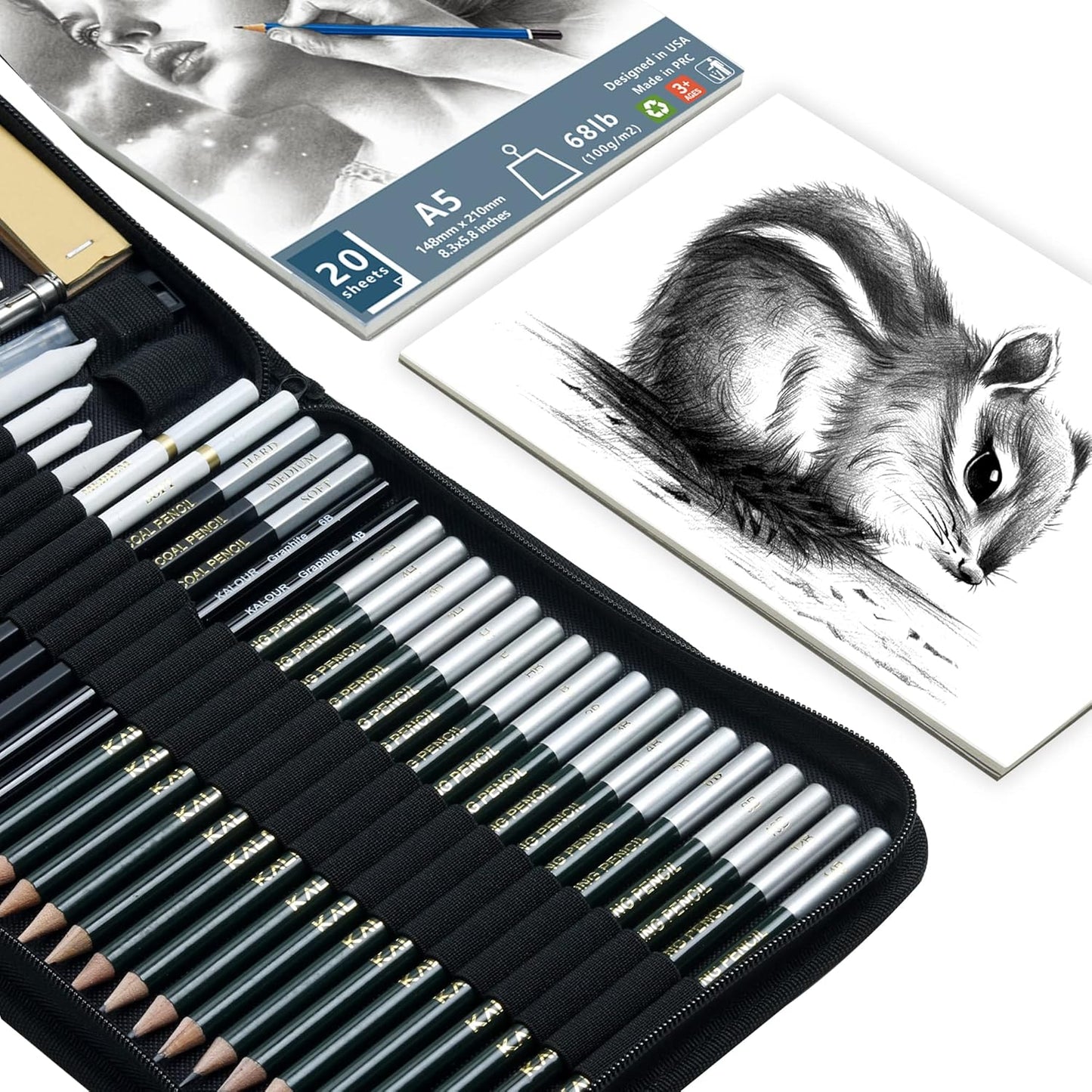 KALOUR 54-Pack Sketch Drawing Pencils Kit with Sketchbook,Include Graphite,Charcoal Pencils and Artists Tools,Pro Art Drawing Supplies for Adults Kids Beginners,ideal for Sketching Shading