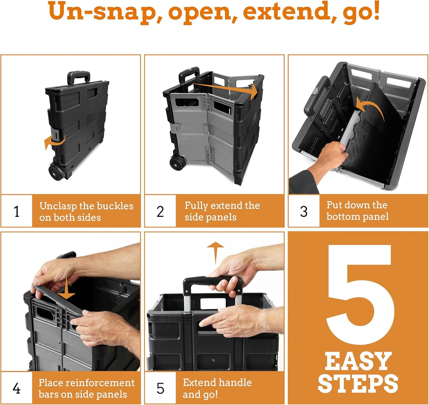 Inspired Living Ultra-Slim Rolling Collapsible Storage Pack-N-Roll Utility-carts, with Telescopic Handle, for Home, Garden, Shopping, Office, School use, Medium, Grey & Black