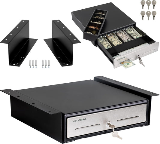 Volcora Cash Register Drawer with Under Counter Mounting Bracket - 13" Cash Drawer for POS, Stainless Steel Front 4 Bill 5 Coin Cash Tray, Removable Coin Tray, 24V RJ11/RJ12 Key-Lock, 2 Media Slots