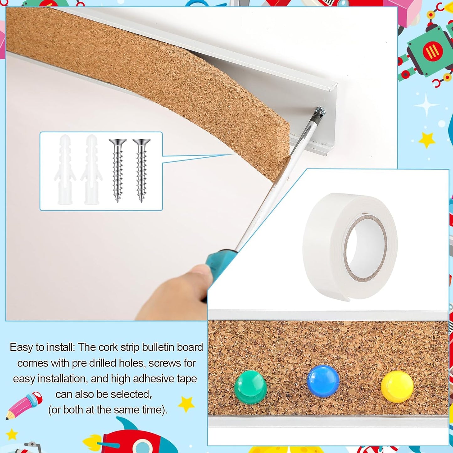 5 Pcs 72'' x 2" Cork Board Strip for Wall - Bulletin Bar Tack Board With Aluminum Trim - Brown Cork Strips for Classroom Office Walls Cubicle