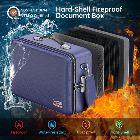 DocSafe Fireproof Document Box with Lock, Hard Case File Organizer with Accordion File Folder, Fireproof Water Resistant Safe Box Home Office Travel Storage for Important Documents Laptop Blue