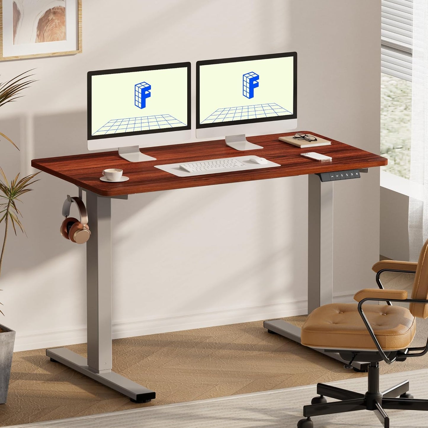 FLEXISPOT EN1 Whole Piece Standing Desk 55 x 28 Inches Stand Up Height Adjustable Desk for Workstation and Home Office (Silver Frame + Mahogany Top, 2 Packages)