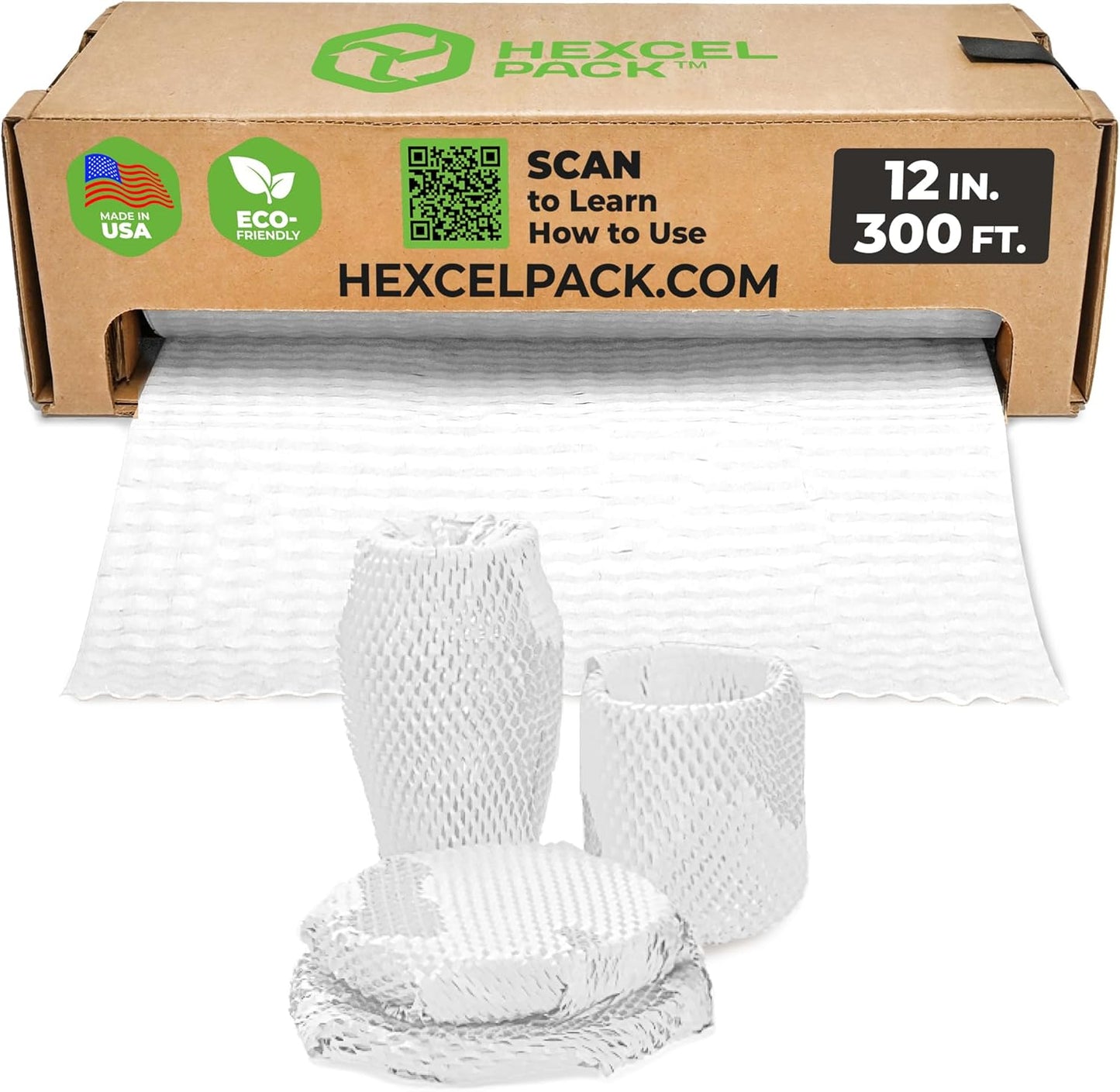 HexcelWrap Mini - Honeycomb Packing Paper, Eco-Friendly, Sustainable Paper Bubble Wrap for Shipping & Moving, Cushioned Packing Material in Easy Self-Dispenser Box - White, 12" x 300'