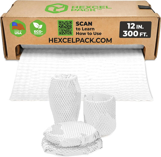 HexcelWrap Mini - Honeycomb Packing Paper, Eco-Friendly, Sustainable Paper Bubble Wrap for Shipping & Moving, Cushioned Packing Material in Easy Self-Dispenser Box - White, 12" x 300'